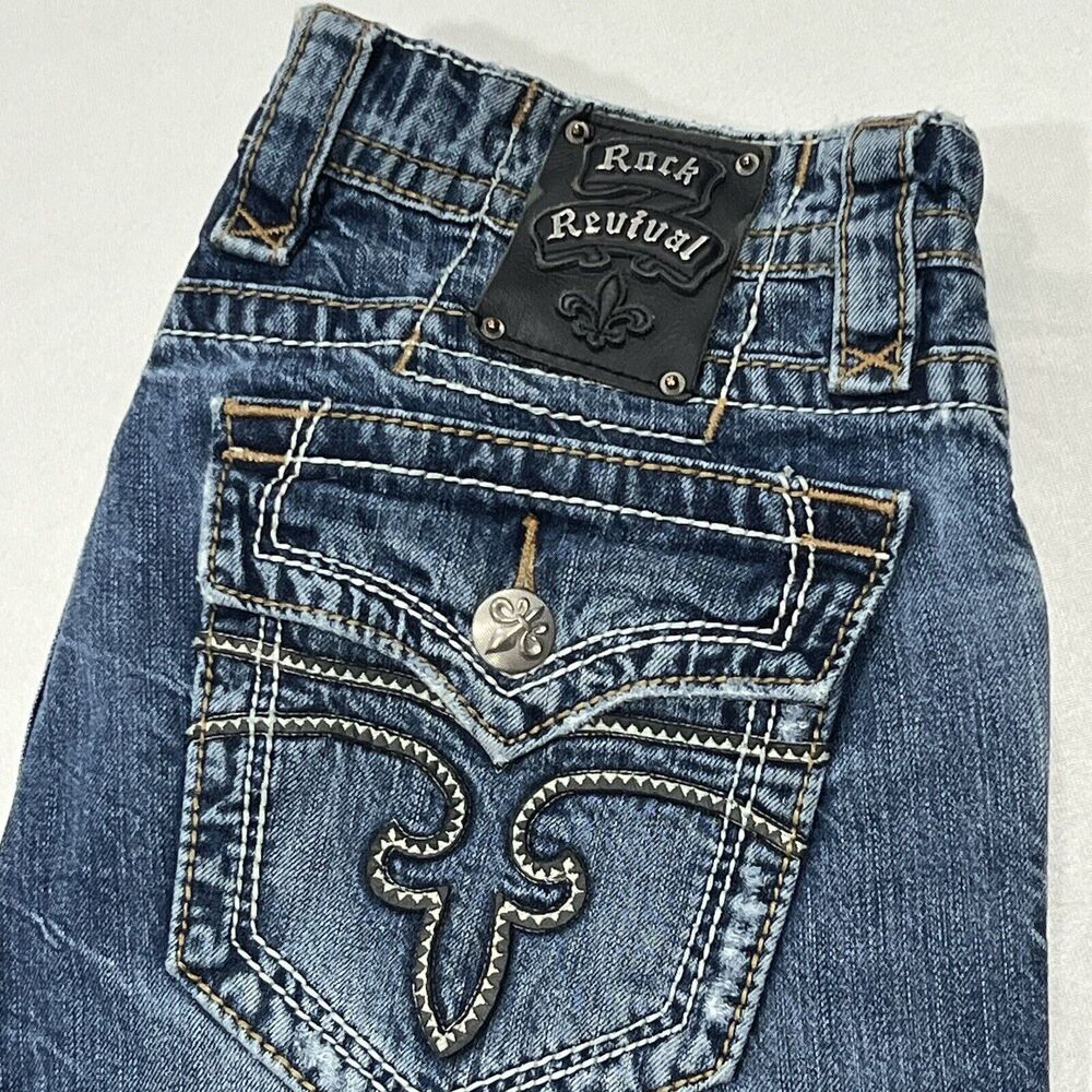 Rock Revival Men’s Straight Jeans in Distressed Blue with Tan Stitching